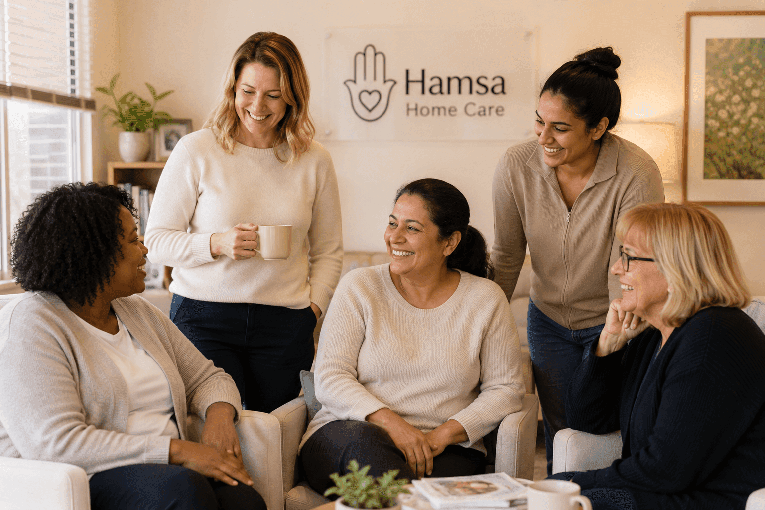 The Hamsa Home Care team — five caregivers sharing a moment in front of the company sign