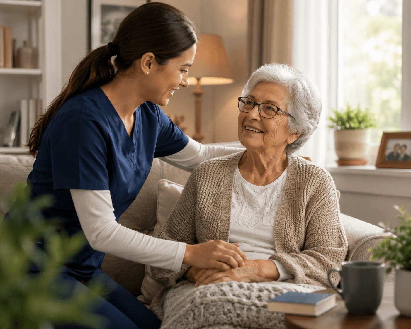 A Hamsa caregiver supporting an older adult at home.