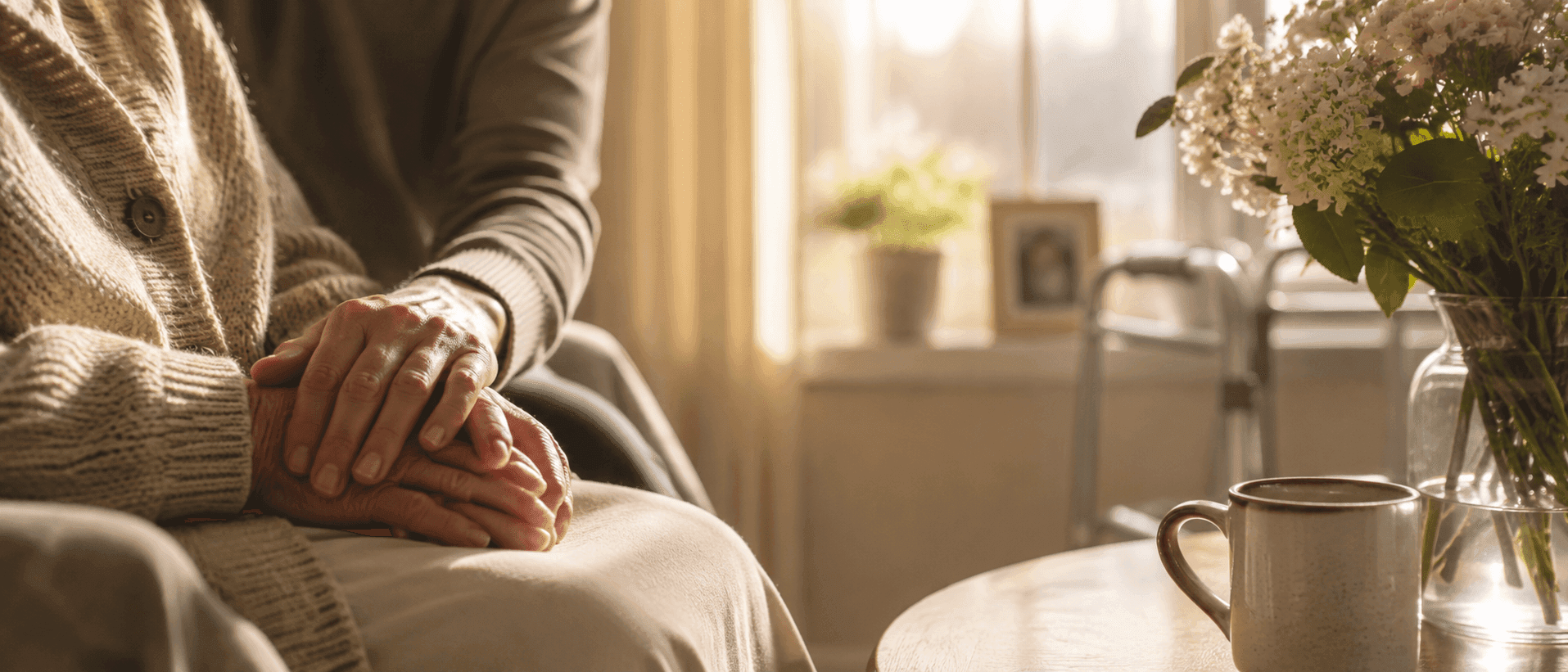 A Hamsa caregiver holding the hand of an older adult — compassionate in-home support.
